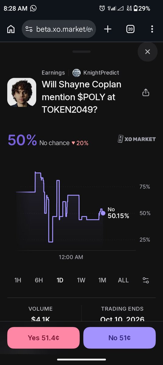 nsiberry005's tweet photo. @KnightPredict listed this. On XO anyone can turn their own read into a market.

Shayne already teased “a little something.” That’s not the same as saying $POLY. A CFTC shop doesn’t drop a ticker on stage.

I’m on NO. Fade me if you think he says it this week. https://t.co/fij2CHSead