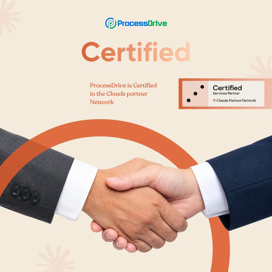 ProcessDrive's tweet photo. 🧡 Certified. Official. Proud!
ProcessDrive is now a Certified Services Partner in Anthropic’s Claude Partner Network. 🚀
We build smarter apps, websites, and AI-first solutions with Claude.
Thank you, @AnthropicAI and @claudeai !
#ProcessDrive #Claude #Anthropic #AIFirst https://t.co/WsOr9cnuf5