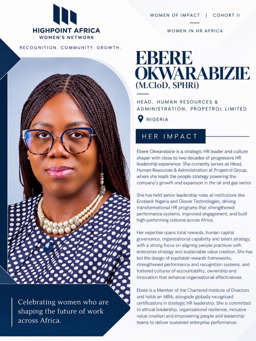 HPAwomennetwork's tweet photo. Ebere Okwarabizie represents the kind of HR leadership that connects people strategy directly to enterprise performance.
We celebrate Ebere
Okwarabizie (M.CloD, SPHRi) as a Woman of Impact | Cohort Il | Women in HR Africa.
#fypシ゚viral #womanofimpact #womensroom #womeninhr https://t.co/qvoxtordrM