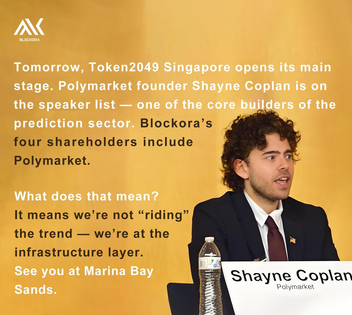 blockoraoffical's tweet photo. 🎤 Tomorrow, Token2049 Singapore opens its main stage. Blockora’s four shareholders include Polymarket. What does that mean? It means we’re not “riding” the trend — we’re at the infrastructure layer. See you at Marina Bay Sands. 🇸🇬🔥
#Blockora #BLK #Token2049 https://t.co/jPqTdsXRFC