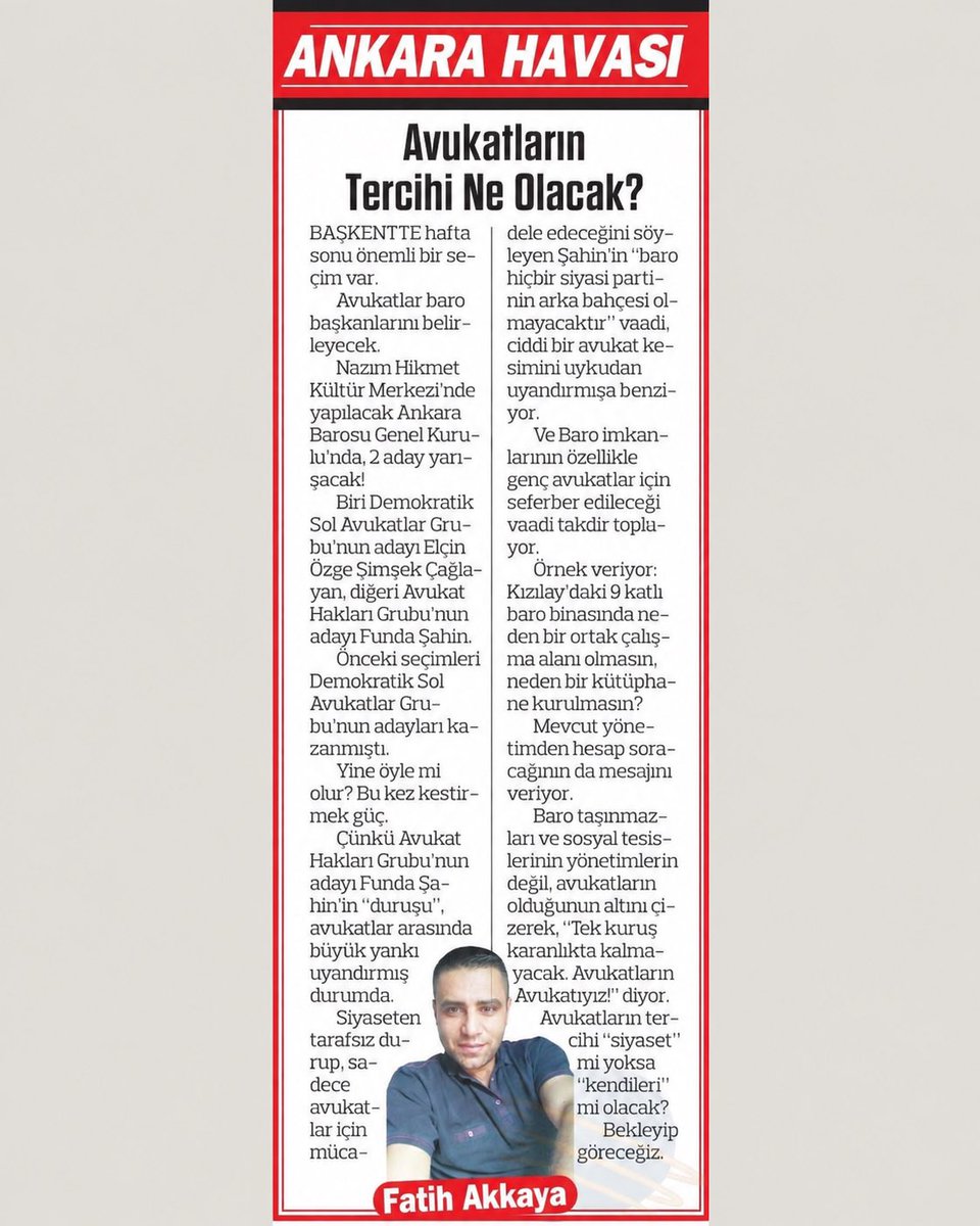 AHGAnkara's tweet photo. 🗞️BASINDA AHG ANKARA 

Fatih Akkaya, Ankara Ulus’taki “Avukatların Tercihi Ne Olacak?” yazısında adayımız Av. Funda ŞAHİN’in duruşunu kaleme aldı.

Bağımsız, şeffaf, kaynaklarını meslektaşları için kullanan bir baro.

Avukatların Avukatıyız! https://t.co/Q0clA9V3L4