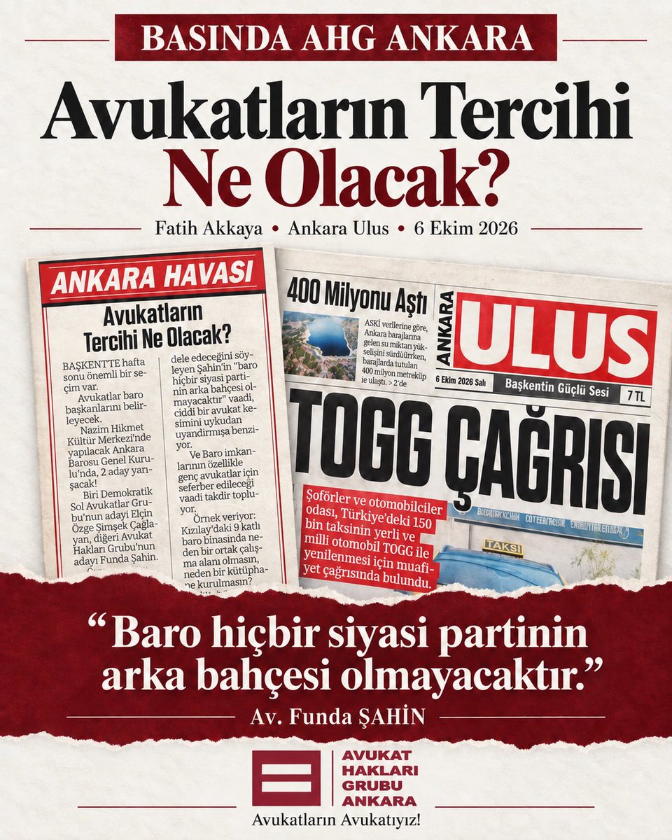 AHGAnkara's tweet photo. 🗞️BASINDA AHG ANKARA 

Fatih Akkaya, Ankara Ulus’taki “Avukatların Tercihi Ne Olacak?” yazısında adayımız Av. Funda ŞAHİN’in duruşunu kaleme aldı.

Bağımsız, şeffaf, kaynaklarını meslektaşları için kullanan bir baro.

Avukatların Avukatıyız! https://t.co/Q0clA9V3L4