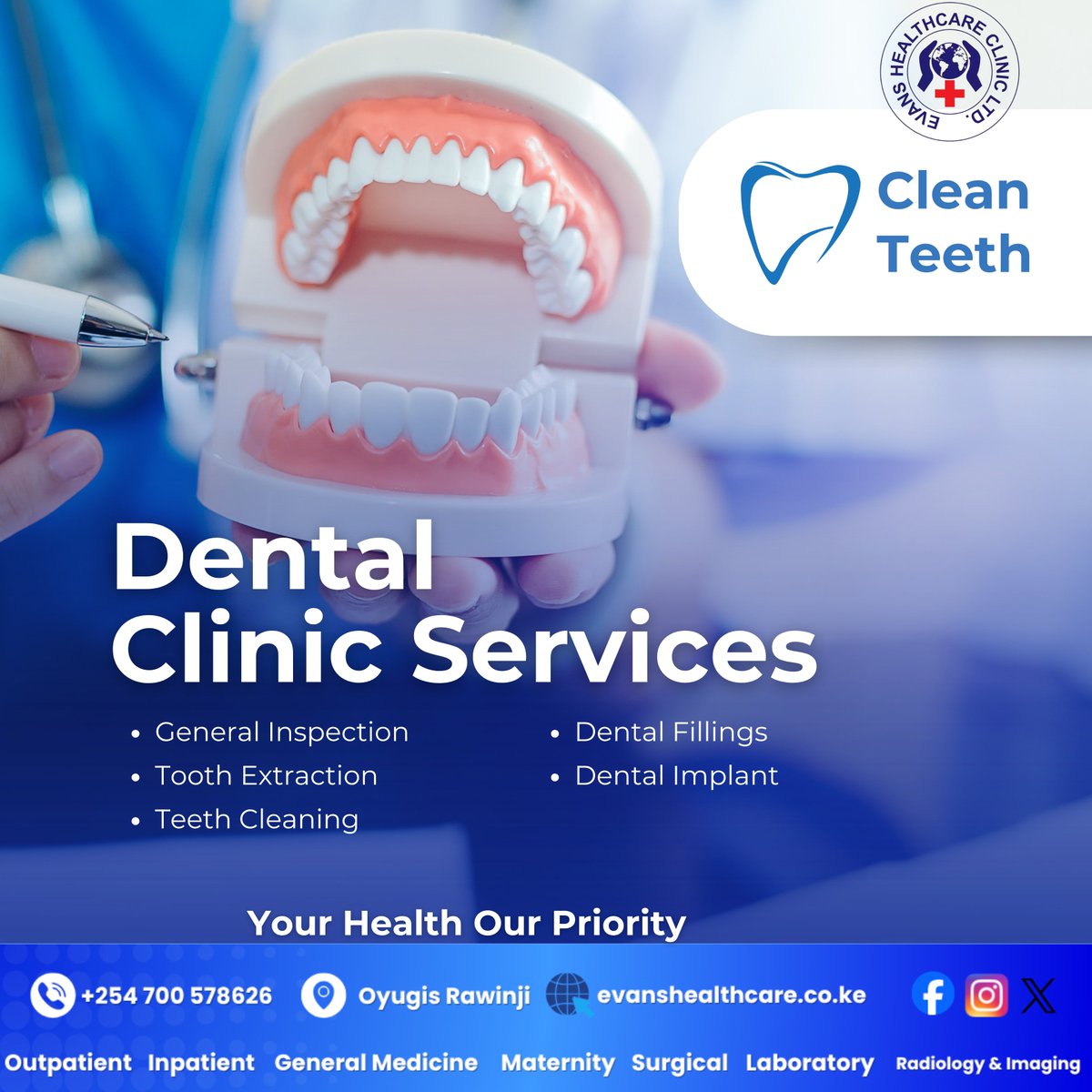 EOyugis's tweet photo. Your smile deserves proper care. 🦷

From routine check-ups and teeth cleaning to fillings and extractions, Evans Healthcare provides dental services to support your oral health.

📍 Oyugis Rawinji 📞 +254 700 578626
Your Health. Our Priority.

#EvansHealthcare #DentalCare #OralHealth