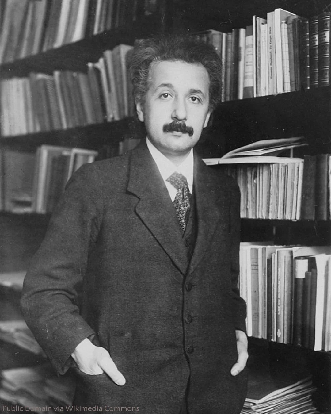Albert Einstein standing in a library, surrounded by books, wearing a suit and tie.