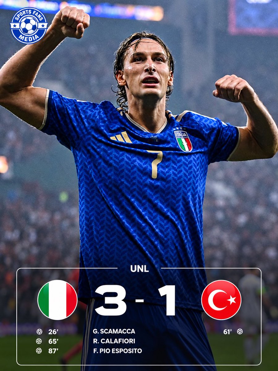 Sportsfansmedia's tweet photo. 🇮🇹 ITALY GET THE JOB DONE! 🔥

Italy beat Türkiye 3-1 in the Nations League as Scamacca, Calafiori and Pio Esposito found the net. Türkiye briefly fought back through Aral Şimşir, but the Azzurri responded quickly and finished? https://t.co/ChAYGf5FCn