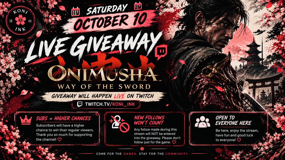 Koni_ink's tweet photo. 🎁 ONIMUSHA: WAY OF THE SWORD LIVE GIVEAWAY! ⚔️

This Saturday, October 10, I’ll be giving away a copy of Onimusha: Way of the Sword LIVE on Twitch! ❤️

This one is for the community we’re building, so a few important rules:

🌹 You need to already be part of the Twitch/Discord community to participate.

⚠️ Anyone who follows during Saturday’s stream will NOT be eligible for this giveaway. I don’t want people following just because they see a game being given away I want to reward the people who are genuinely here for the journey.

⭐ Subscribers will have extra chances to win. A lot of you have already chosen to support the channel with your own subs and gifted subs, and I want that support to mean something. Subbing isn’t required to be part of this community, but I think it’s fair to give something extra back to those directly supporting what we’re building. ❤️

🎮 https://t.co/gttXcyyHXp⁠

Come for the games. Stay for the community. 🌹