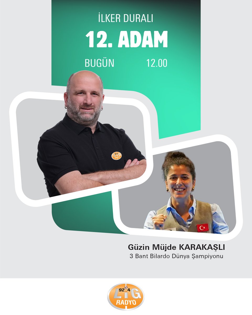 LigRadyo's tweet photo. İlker Duralı'nın sunumuyla 12. Adam'ın bugünkü konuğu, 3 Bant Bilardo Dünya Şampiyonu Güzin Müjde Karakaşlı! Saat 12.00'de Lig Radyo'da!

👉https://t.co/iwEM9gFkmv

@ilkerdurali @benguzinmujde https://t.co/XPddqnZle2