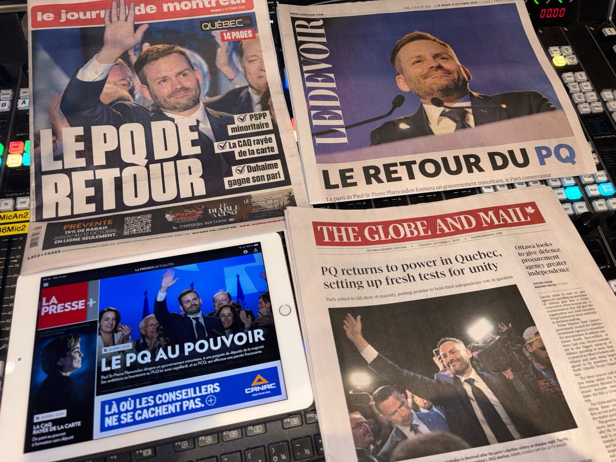 LPGeek's tweet photo. Voici les journaux !
Le JdM et La Presse ont la même pose, le JdM et Le Devoir ont le même titre. #polqc https://t.co/O9p9VdtLq0