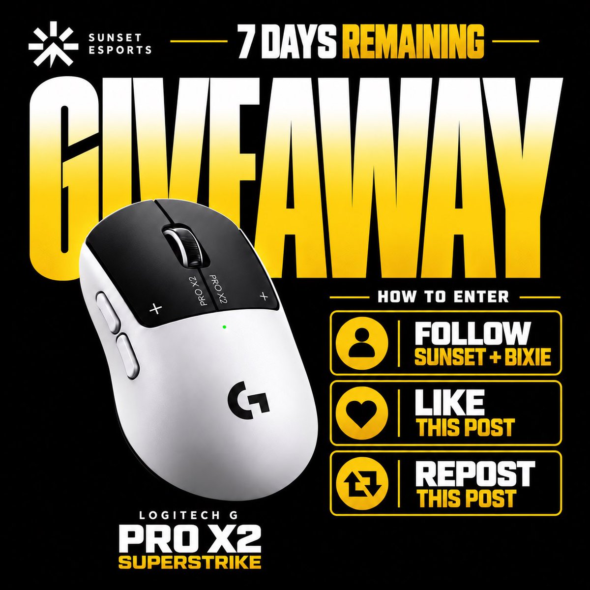 BixieFn's tweet photo. 7 DAYS LEFT! ⏳

Enter our Logitech G PRO X2 SUPERSTRIKE giveaway! 🖱️☀️

Follow, like &amp; repost to enter ✌️

🎁 Entries close in 7 days. Winner announced afterward!

Good luck! ☀️
#logitech #superstrike #giveaway #esports https://t.co/24kS9U3IlE