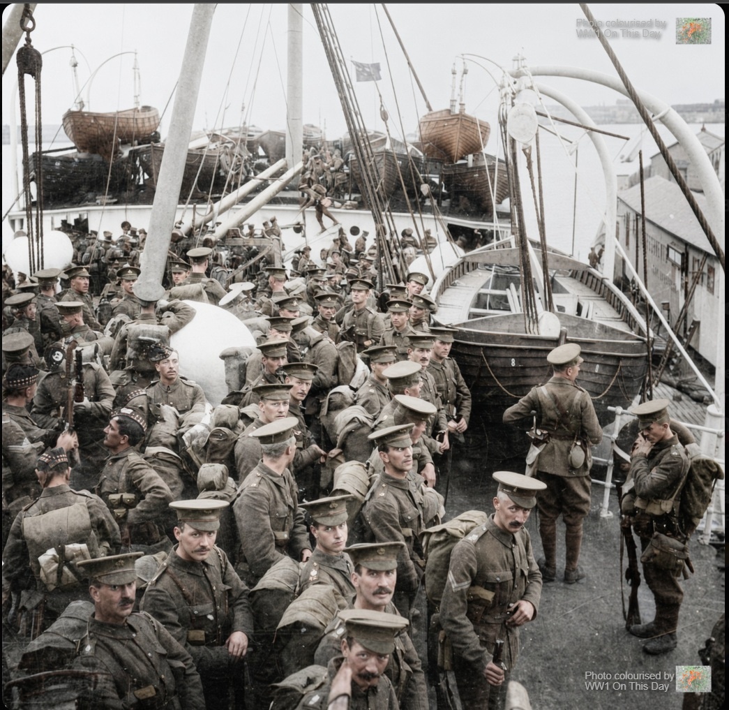 WW1IEPER1917's tweet photo. Troops of the 2nd Battalion, Scots Guards and the 2nd Battalion, Gordon Highlanders on board SS Lake Michigan troopship, 6 October 1914. IWM57126 https://t.co/5Q2mNoWomi