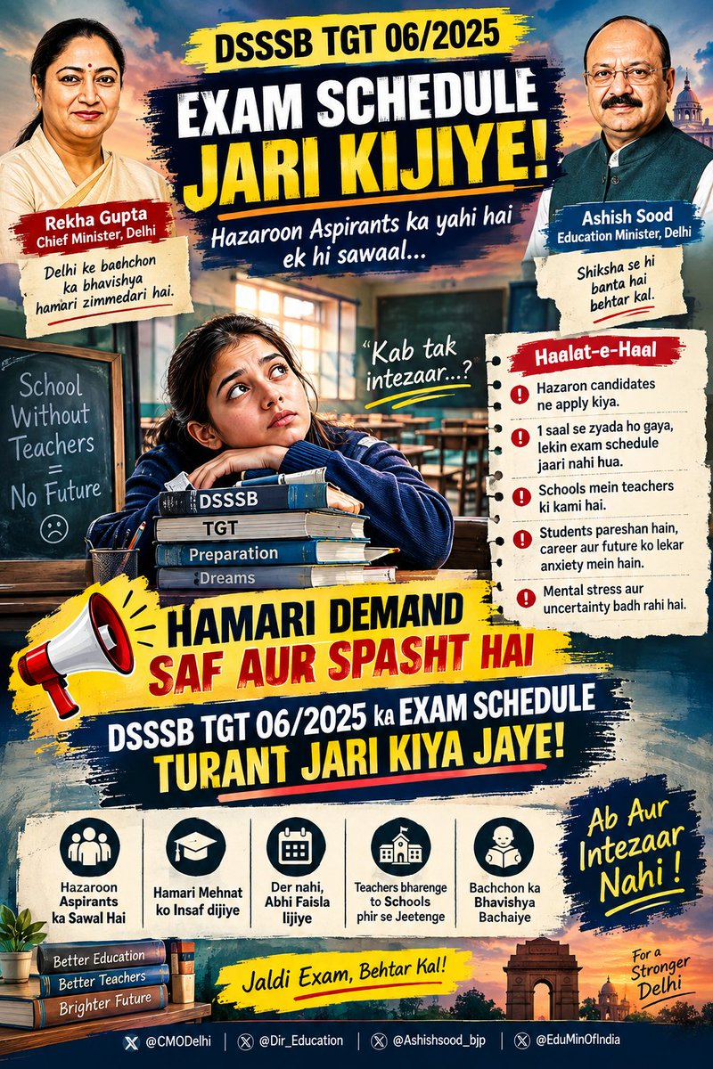 imranmustafabad's tweet photo. Over a year of endless waiting Lakhs candidates applied 4 DSSSB TGT 6/25, yet no exam.the mental agony &amp; uncertainty r crushing aspirants.V raised ds with @gupta_rekha &amp; @Ashishsood_bjp but no progress. @EduMinOfIndia plz intervene immediately
@PMOIndia @CMODelhi
@Dir_Education https://t.co/efVfXtlf31