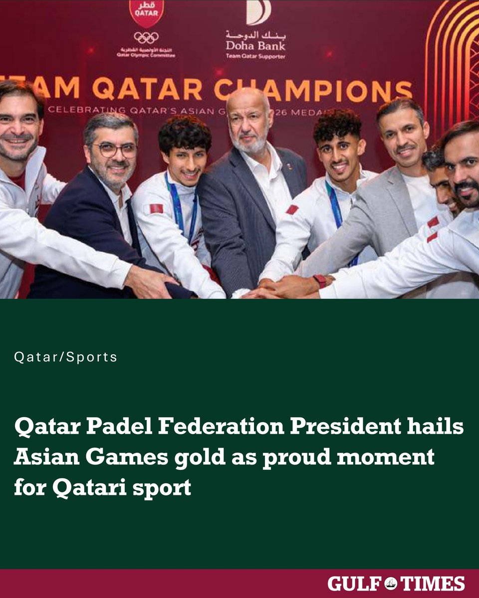GulfTimes_QATAR's tweet photo. HE #President of the Qatar Tennis, Squash, Padel and Badminton Federation , Nasser bin Ghanim Al Khelaifi, said the @qatarpadel team’s gold medal at the Aichi-Nagoya 2026 #Asian_Games in Japan was a historic achievement and a source of pride for Qatari sport. 🥇🇶🇦
Speaking while welcoming the national team delegation upon its arrival in Doha on Monday, Al Khelaifi said the victory reflected the development of padel in Qatar and was the result of the support and care extended to Qatari sport by the country’s wise leadership.
The Qatari pair of Rashid Nawaf and Mishari Nawaf claimed gold after defeating Malaysia 6-3, 6-1 in the final, securing the first gold medal in Asian Games padel history as the sport made its official debut at this edition. 🎾👏
Al Khelaifi also congratulated the players, coaching staff and administrative team on their outstanding performances and efforts throughout the competition.