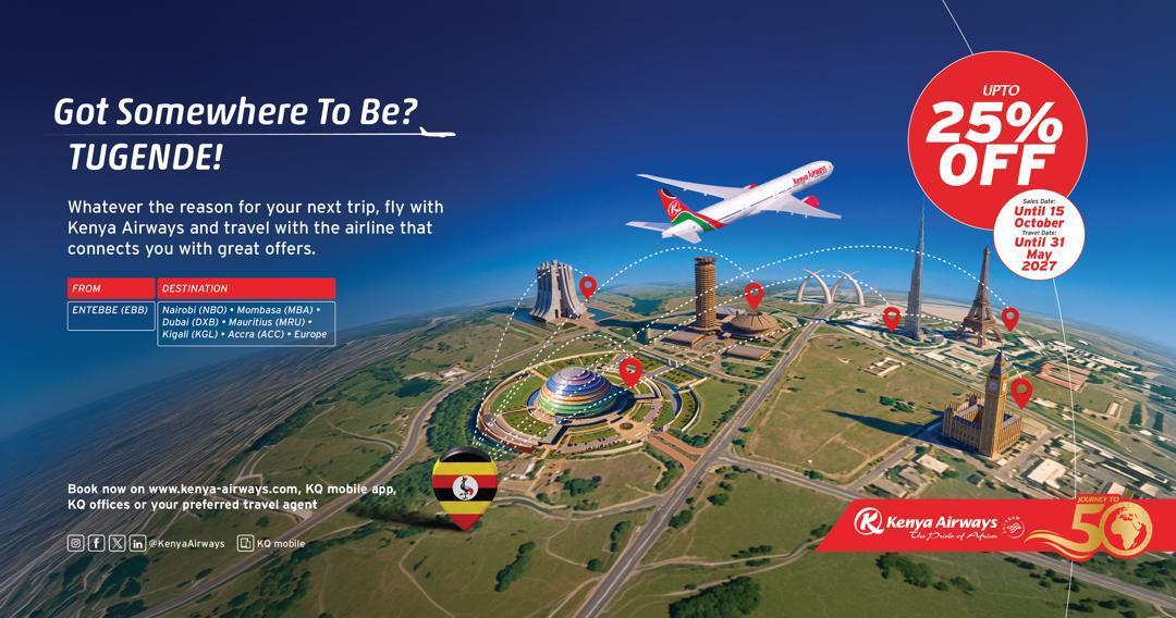 DailyMonitor's tweet photo. ADVERT: Your destination awaits
Whether it’s business, family, adventure or simply a change of scenery…
Your journey starts from Entebbe with @KenyaAirways, with fares discounted UP TO 25% OFF.
Pack your bags. Your destination is waiting.
#KenyaAirways
#FlyKQ
#UpTo25Off https://t.co/jWX5Z92Alg