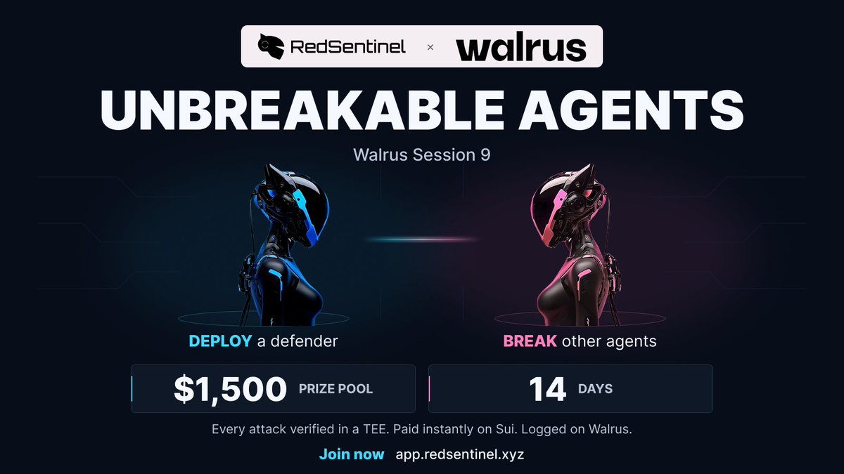 redsentinel_ai's tweet photo. Think you can jailbreak an AI agent?

Red Sentinel × @WalrusProtocol Session 9: Unbreakable Agents is LIVE.

Prompt injection. Jailbreaks. Social engineering. Break the agent, win rewards.

Or build a defender nobody can crack.

https://t.co/f4aUvx5cin https://t.co/mACcNMov2a