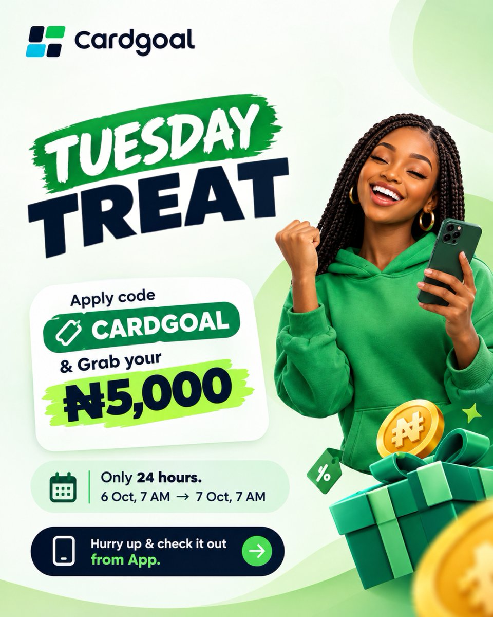 cardgoal's tweet photo. Exclusive Pay Boost is here! 🤩
Apply code CARDGOAL in the app today and grab your ₦5,000 coupon. Only for 24 hours!
Hurry up.
#Cardgoal #GiftCardApp #BestApp #Nigeria https://t.co/Pc3sVsCW3m