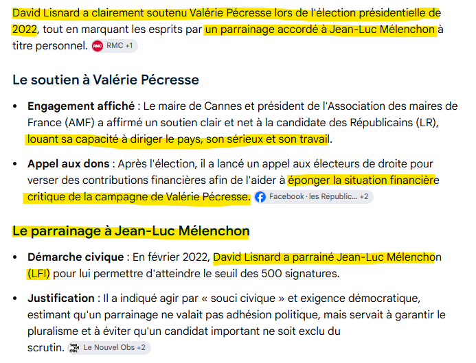 starsky007's tweet photo. À ceux qui s’extasient devant David Lisnard : grattez le vernis. L’homme qui « marche sur l’eau » a surtout marché derrière Valérie Pécresse.

En 2022, il la présente comme une candidate sérieuse, capable de diriger le pays. Résultat : 4,78 % au premier tour. Une des pires campagnes de la droite.

Après la défaite, il ne tire pas le bilan. Il appelle aux dons. Le 14 avril 2022, il écrit qu’il donnera lui-même, et que si chaque électeur de Pécresse verse 3 €, « la situation est réglée ». Autrement dit : les Français sont invités à payer l’échec qu’il a défendu avant, pendant, et après.

Et le 20 février 2022, alors qu’il est le grand soutien de Pécresse, il donne son parrainage à Jean-Luc Mélenchon. Sa ligne : « je combats ses idées, mais il doit pouvoir concourir », « parrainage ne vaut pas soutien ».

On connaît la suite. Les "Lisnardfans" diront : geste républicain, pluralisme, élégance. Non. On ne combat pas LFI en lui ouvrant la porte. On ne dit pas « ennemi principal de la France » le lundi et « signature démocratique » le mardi. 
Un parrainage, ce n’est pas un bulletin. C’est quand même une aide concrète pour être sur la ligne de départ.

Soutenir Pécresse jusqu’au bout, appeler à renflouer sa campagne, puis parrainer Mélenchon : ce n’est pas de la hauteur. C’est de l’incohérence.