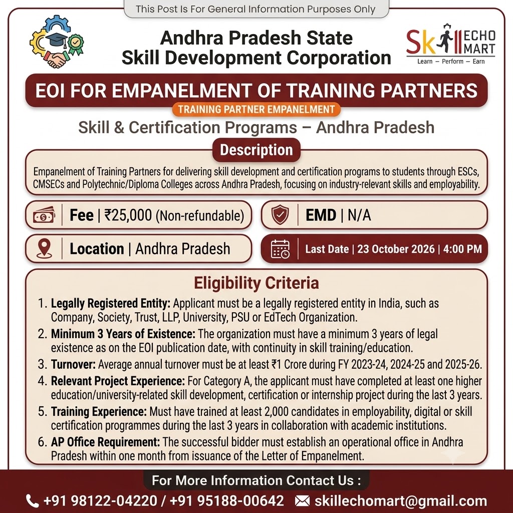 SkillEchoMart's tweet photo. Live Tender Alert: Andhra Pradesh State Skill Development Corporation (APSSDC) | Last Date: 23-10-2026, 4:00 PM
#APSSDC #GovernmentTender #AndhraPradeshTender #TenderAlert #SkillDevelopment #TrainingPartner https://t.co/I1tjnUTYkY