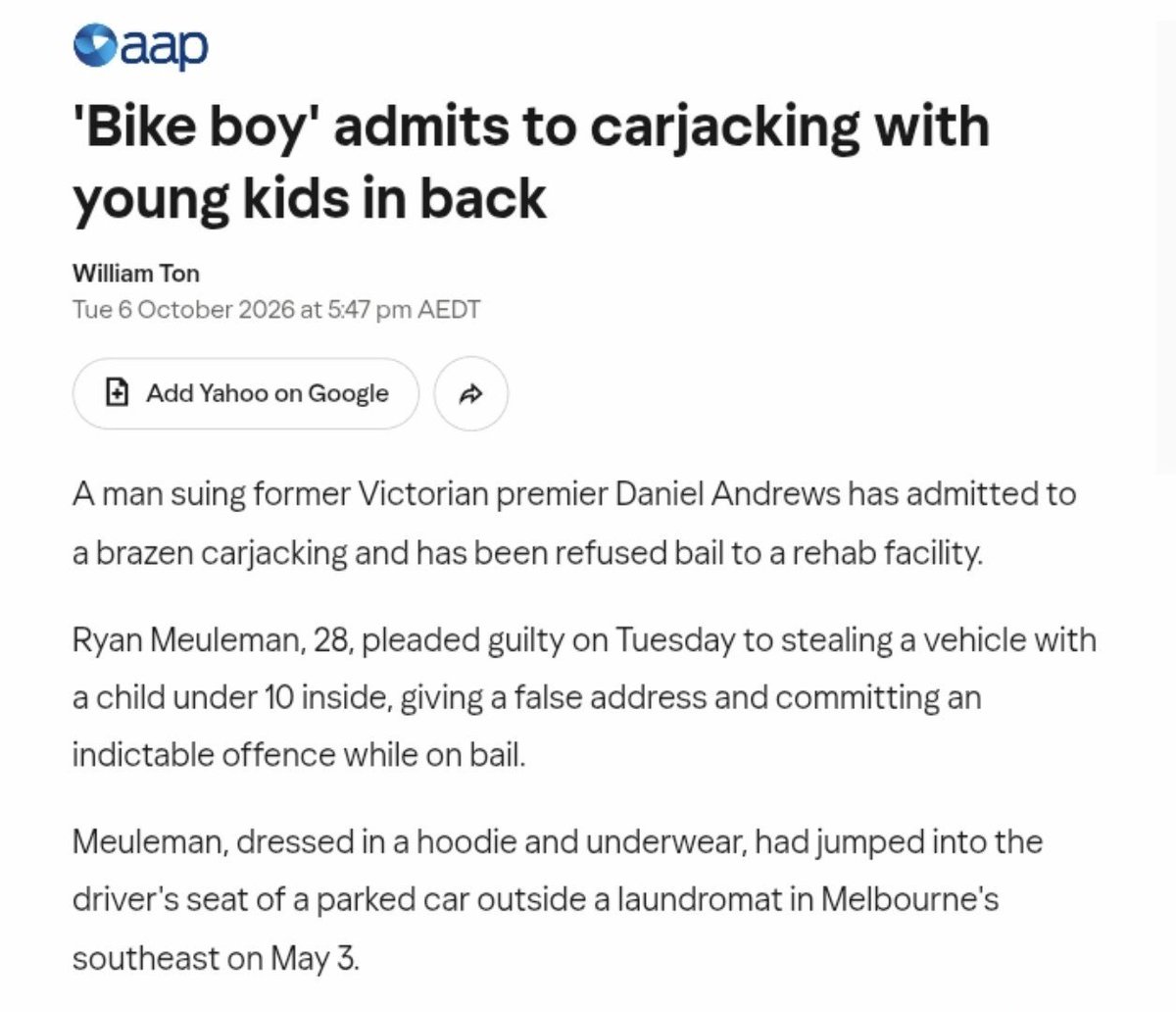 hisaflog100's tweet photo. BREAKING:

Huge crime news in Melbourne with the high profile Pantless In Pakenham case. 

Right wing icon and high profile man known as "Bike Boy" has plead GUILTY to allegedly car jacking a woman and twins while bloodied and wearing no pants.

Please RT as mainstream media refuse to cover this case for political reasons.

Follow for more news from Victoria's Crime Crisis™

#PantlessInPakenham