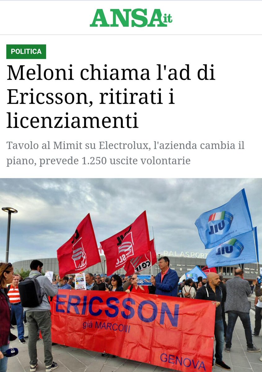luciomoretti70's tweet photo. Giorgia Meloni chiama l'amministratore delegato di Ericsson e l'azienda blocca i licenziamenti
Praticamente, per i lavoratori, ha fatto di più la Meloni con una telefonata di 10 minuti che la C.G.I.L. dalla sua fondazione... https://t.co/sBeVAiSLEV