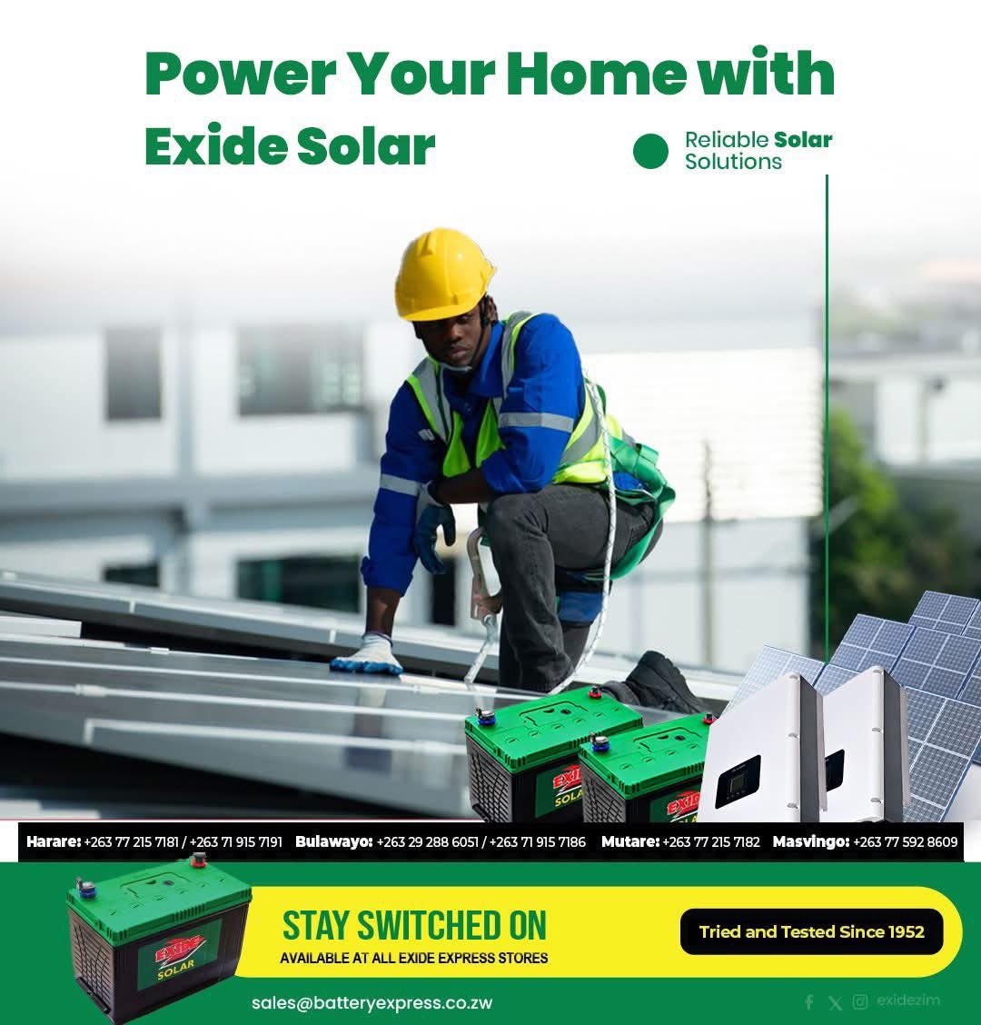 ExideZim's tweet photo. We have the best solar solutions. 
From solar battery sales to full installations, we have got you covered. Get in touch today! 
Harare +263772157193
+263719157187
Mutare +263719157185
Bulawayo: +263719157186
#exidesolar
#stayswitchedon https://t.co/j0eGrv6kdG