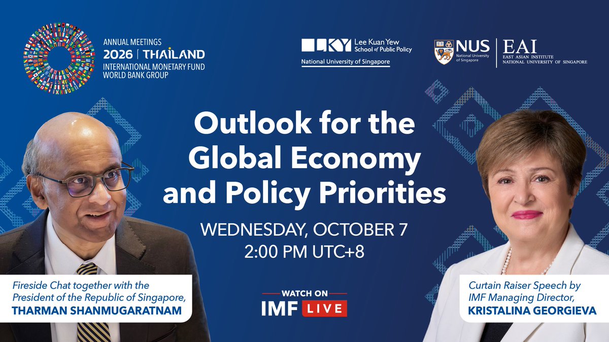 IMFNews's tweet photo. TOMORROW: IMF Managing Director Kristalina Georgieva takes the stage in Singapore for the 2026 Annual Meetings Curtain Raiser, outlining the IMF’s latest views on the global economic outlook and key policy priorities ahead of the #IMFMeetings in Bangkok. Stay tuned.  

https://t.co/5LS9ERZE15