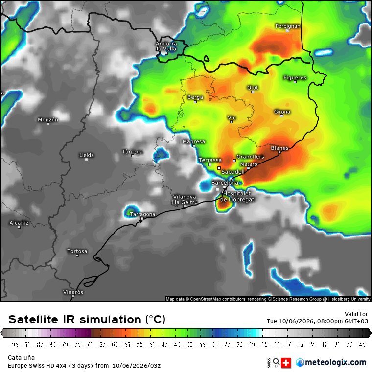 globerourdiales's tweet photo. 🚨⛈️ actualización tormentas Cataluña. A partir de la 16/17 h crecerán los núcleos convectivos. En 2 horas pueden descargar localmente cantidades entre 50 y 150 mm en zonas de litoral y prelitoral https://t.co/NLb0alE11X