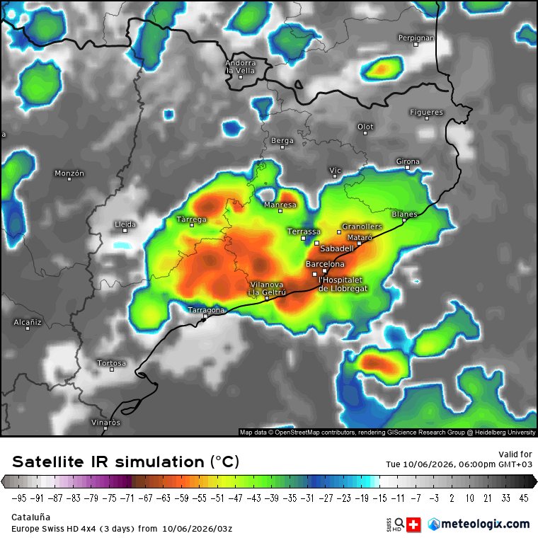globerourdiales's tweet photo. 🚨⛈️ actualización tormentas Cataluña. A partir de la 16/17 h crecerán los núcleos convectivos. En 2 horas pueden descargar localmente cantidades entre 50 y 150 mm en zonas de litoral y prelitoral https://t.co/NLb0alE11X