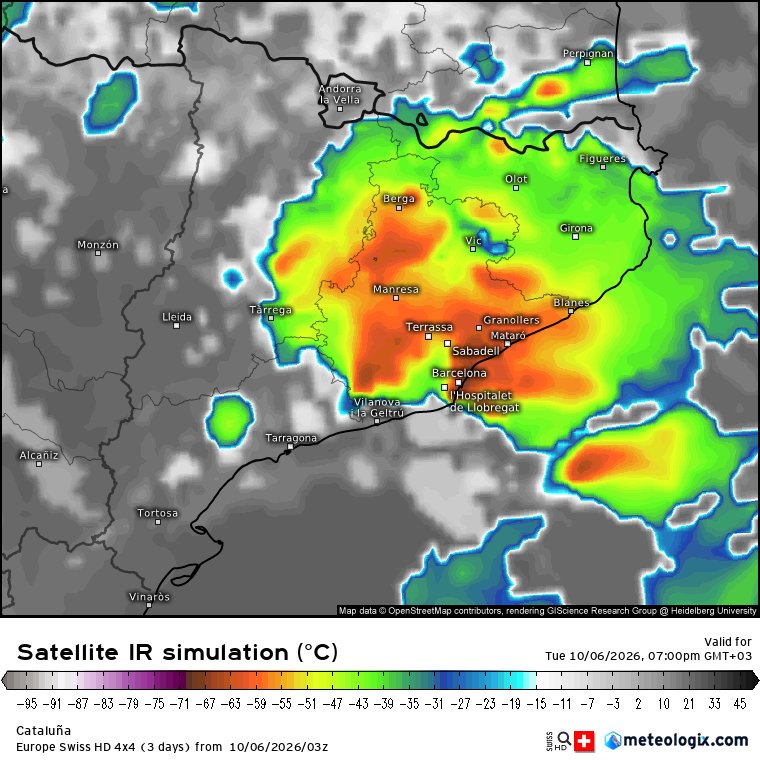 globerourdiales's tweet photo. 🚨⛈️ actualización tormentas Cataluña. A partir de la 16/17 h crecerán los núcleos convectivos. En 2 horas pueden descargar localmente cantidades entre 50 y 150 mm en zonas de litoral y prelitoral https://t.co/NLb0alE11X