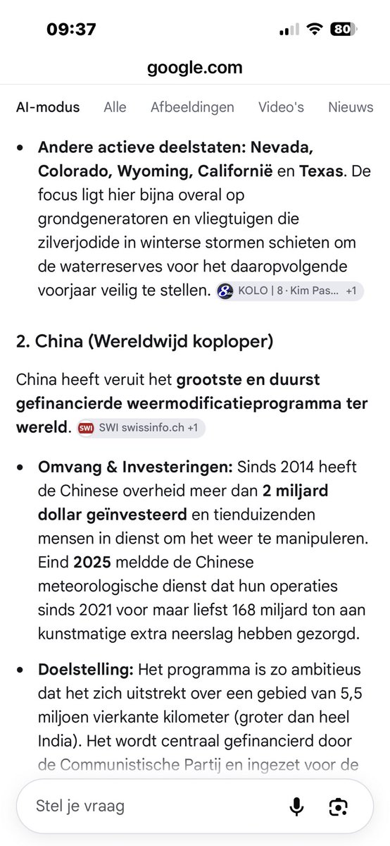 SaskiaHeijden's tweet photo. Volgens de Wereldmeteorologische Organisatie (WMO) zijn er
wereldwijd meer dan 50 landen die actief en structureel gebruikmaken van weermodificatie en cloud seeding. Nu de klimaatcrisis voor hevige droogte zorgt, investeren overheden en deelstaten miljoenen in deze techniek‼️ https://t.co/zqy9OWUarl