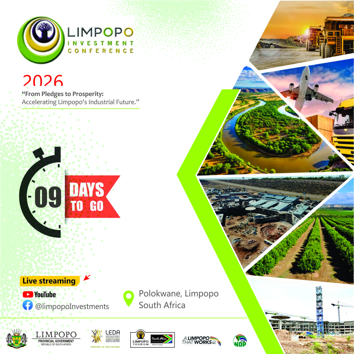 LimpopoLEDET's tweet photo. 🚀 9 DAYS TO GO!
The countdown to #LIC26 continues.
From investment to industrialisation, the Limpopo Investment Conference will bring together key stakeholders to shape Limpopo's economic future.
📅 14-16 Oct 2026 | 📍 Polokwane
#LIC26 #PledgesToProsperity #WeAreLimpopo https://t.co/3q85fq00i0