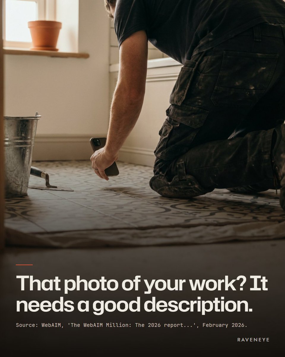 Raveneyeglobal's tweet photo. An AI assistant doesn't see your work. It reads about it.
That photo on your homepage needs a short, plain description.
WebAIM's February study of the top million home pages found an average of 10.8 images per page had missing alt text.
A blank space, to the machine.
#altText https://t.co/WIoNmyjLKQ