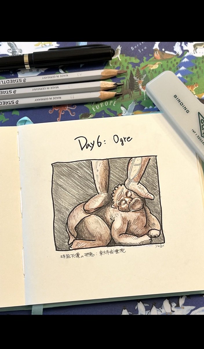 mayuyk's tweet photo. #inktober2026
#インクトーバー2026

Day6 Ogre 
邪鬼を描きました。
仏像を見るのも好きですが、邪鬼を見るのも楽しいんですよ。
この邪鬼は東大寺戒壇院で持国天に踏まれてます。いい踏まれっぷりで、描いてて笑っちゃった😆 https://t.co/rUW0IBZ9OB