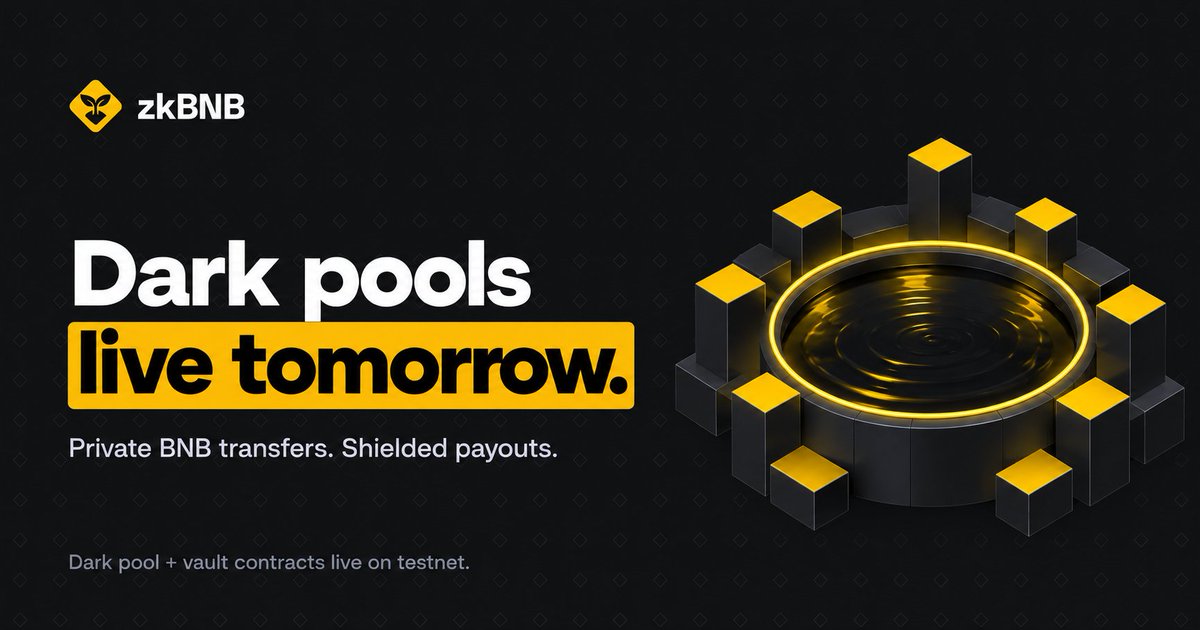 zkBNBx's tweet photo. After months of development, @zkBNBx  dark pool and vault contracts are live on testnet. We’re pushing to production tomorrow, bringing private transfers to the BNB Chain. 

You've seen this on SOL and ETH and we are proud to say that we are the first launchpad bringing this to BNB. 

Testnet contracts
Dark pool:
0xade2c2E6F0edB8bc8d19ECc7BBcA466A9f60e3AF

Vault implementation:
0x6cbf0C7478956FB738E8129e960Ff4eEf4383605

Bringing darkpools to @binance with $ZKBNB