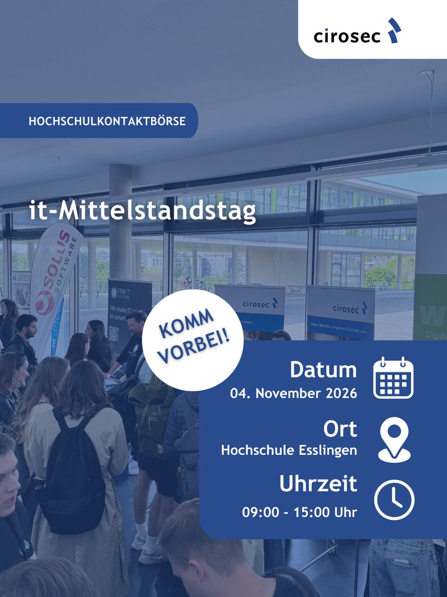 cirosec's tweet photo. Du studierst IT-Sicherheit, Technische Informatik, Angewandte Informatik oder ein vergleichbares Fach?
Wir bieten Praktika, Abschlussarbeiten und Nebentätigkeiten an.
 
Du bist bereits fertig mit Deinem Studium und bereit, in die Arbeitswelt einzusteigen?
Wir suchen Penetrationstester, IT-Security-Consultants und bieten einen berufsbegleitenden Master an.
 
Wir sind am 04. November bei dem it-Mittelstandstag an der Hochschule Esslingen und freuen uns darauf, Dich kennenzulernen!
 
Komm einfach vorbei! 🤝
 
Zu unserer Karriereseite: https://t.co/8IUBuD3qlf
 
#cirosec #ITSecurity #CyberSecurity #Informationssicherheit #ITJobs #Karriere #Studium #Praktikum #Abschlussarbeit #PenetrationTesting #Pentesting #Esslingen #itmittelstandstag