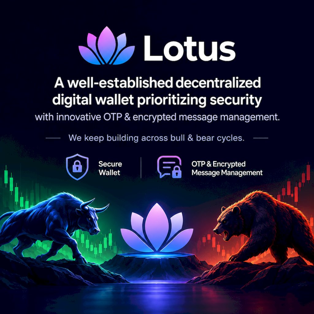 LotusWallet's tweet photo. 🥳Lotus stands as a proven decentralized digital wallet, with security at its core. 
Ground‑breaking OTP and encrypted‑message management capabilities are built into its architecture. 
We forge ahead unwaveringly, across bull and bear market cycles. 🐻🐂 https://t.co/06HE1Fy9WV