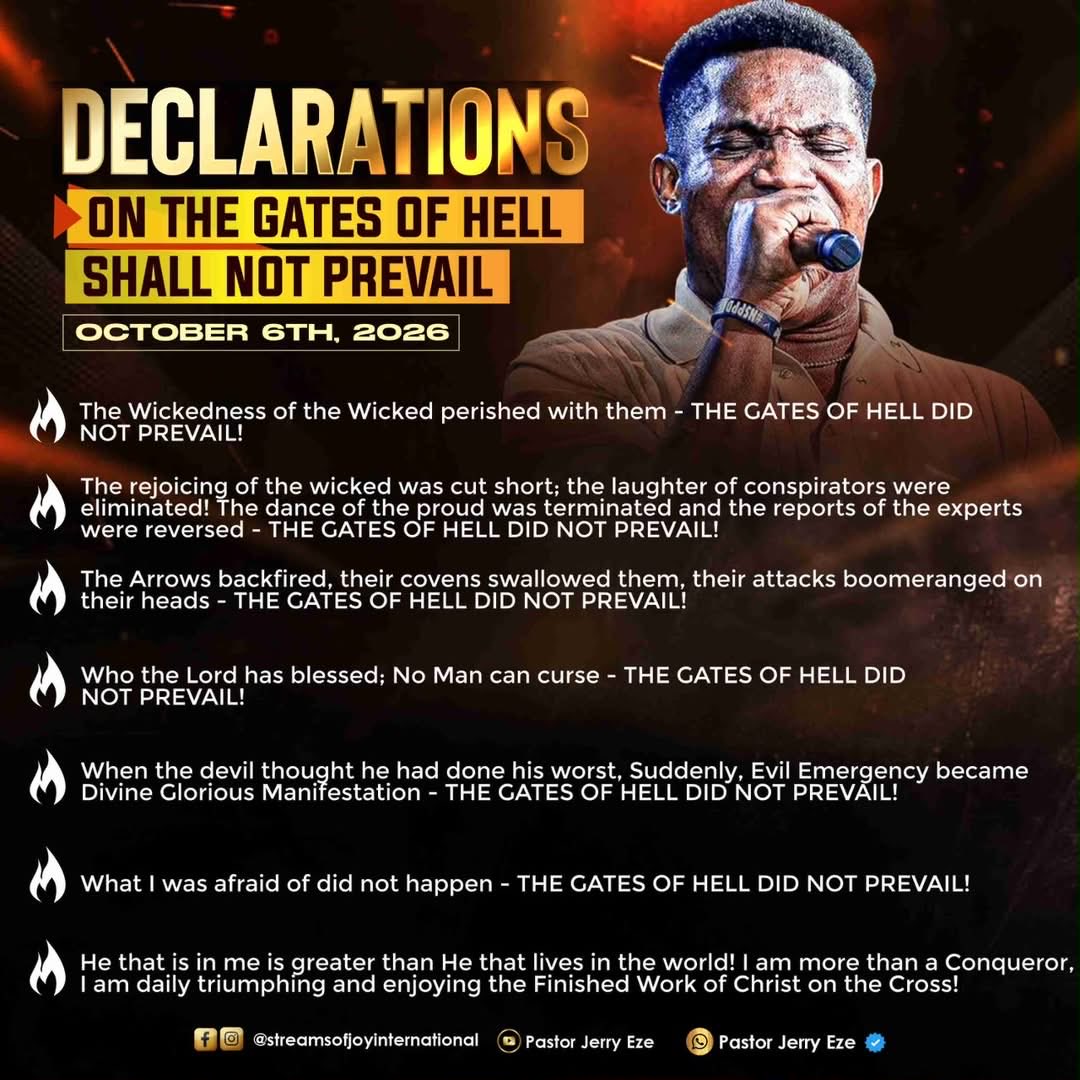 SOJToronto's tweet photo. 31 DAYS OF OCTOBER SPECIAL PROPHETIC DECLARATIONS ON AND GOD SETTLED ME BY FIRE 🔥 DAY 6, BY PAPA JERRY EZE 🔥
What God cannot do does not exist!!!
#NSPPD
#7amfireprayers
#PastorJerryEze
#StreamsofJoyToronto🇨🇦
#StreamsOfJoyInternational https://t.co/TNSCgc1VlE