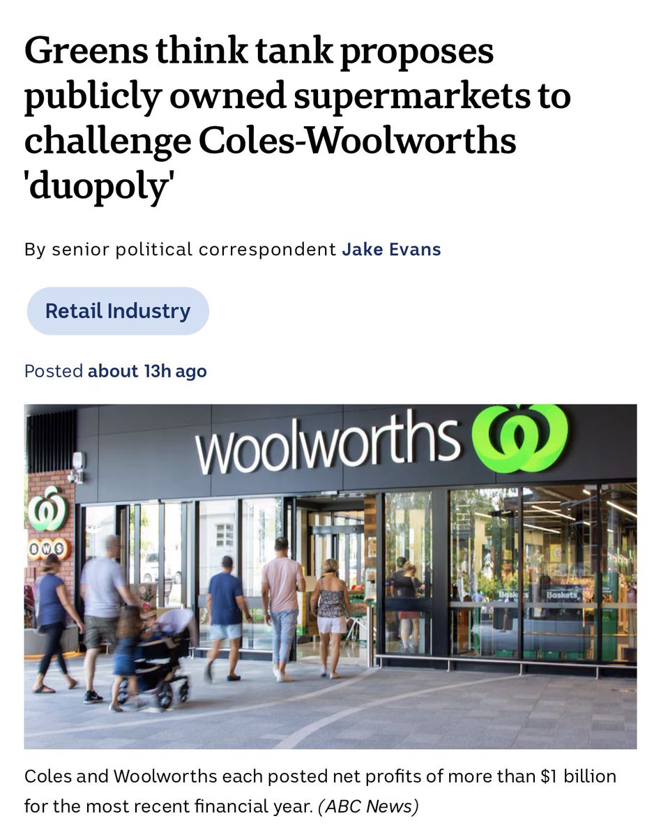 GreenTyler27's tweet photo. Someone needs to check in on this party. The Australian Greens have now put public ownership of supermarkets firmly on the political agenda. Incredible to see in Australia I must say. Their own policy calls for a nationwide government-owned supermarket chain and today’s Green Institute proposal goes much further: $25 billion, compulsory acquisition of 200 Coles and Woolworths stores and hundreds of new government-run supermarkets. And they’re quite open about where the inspiration comes from; Zohran Mamdani’s publicly owned grocery-store model in New York. Australians absolutely deserve more competition and lower grocery prices. The serious debate now is whether we achieve that by making it easier for businesses, farmers and independent grocers to compete or by having Canberra spend billions of taxpayer dollars becoming a supermarket operator itself. 

I would much prefer we cut the cost of energy by way of deleting our net zero adherence. Doing that would deliver significant cost savings right through our collective economy. Reducing costly net-zero obligations can lower compliance and energy costs for Australian producers, manufacturers and transport operators. That flows through the supply chain from the farm, to the truck, to the supermarket shelf very quickly.