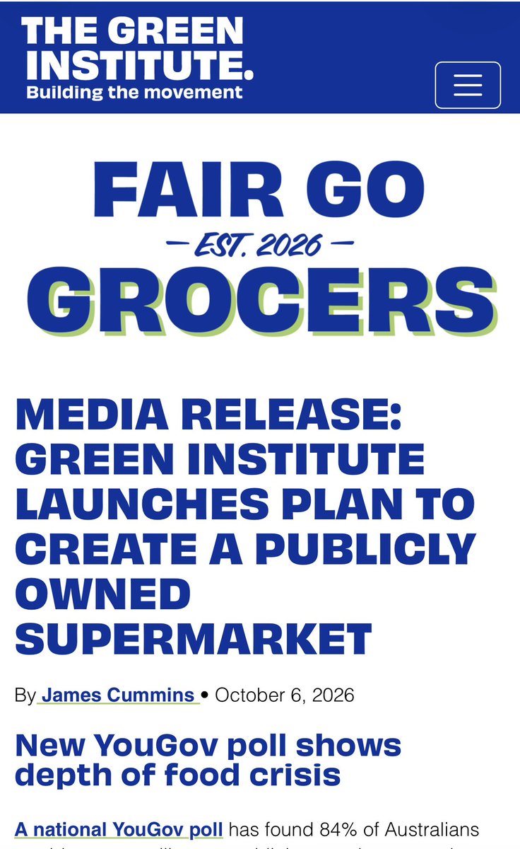 GreenTyler27's tweet photo. Someone needs to check in on this party. The Australian Greens have now put public ownership of supermarkets firmly on the political agenda. Incredible to see in Australia I must say. Their own policy calls for a nationwide government-owned supermarket chain and today’s Green Institute proposal goes much further: $25 billion, compulsory acquisition of 200 Coles and Woolworths stores and hundreds of new government-run supermarkets. And they’re quite open about where the inspiration comes from; Zohran Mamdani’s publicly owned grocery-store model in New York. Australians absolutely deserve more competition and lower grocery prices. The serious debate now is whether we achieve that by making it easier for businesses, farmers and independent grocers to compete or by having Canberra spend billions of taxpayer dollars becoming a supermarket operator itself. 

I would much prefer we cut the cost of energy by way of deleting our net zero adherence. Doing that would deliver significant cost savings right through our collective economy. Reducing costly net-zero obligations can lower compliance and energy costs for Australian producers, manufacturers and transport operators. That flows through the supply chain from the farm, to the truck, to the supermarket shelf very quickly.