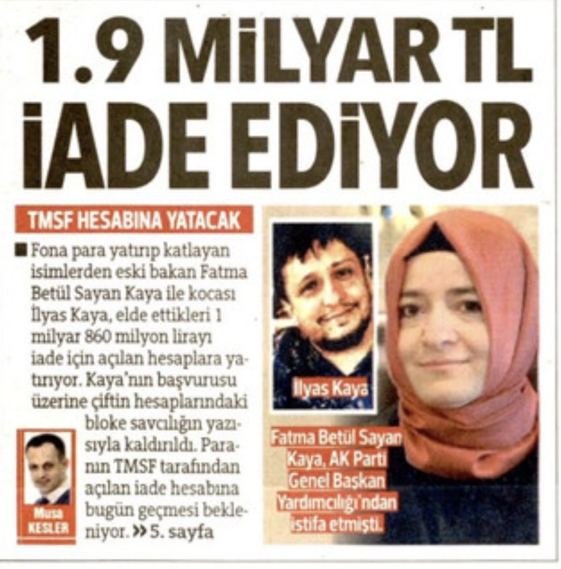 samiltayyar27's tweet photo. Dün gece.

Eş zamanlı olarak şu paylaşım yapıldı sosyal medya hesaplarında:

Fatma Betül Sayan Kaya ve eşi İlyas Kaya, fon kazancını gönüllülük esasına göre TMSF’ye iade ediyor.

Hiçbirinde yatırılan miktara dair bilgi yoktu.

İlginçtir, kimse de sormamış.

Bugün Hürriyet’te Musa Kesler imzalı haberde gördük o detayı.

Kaya çiftinin iade tutarı, 1 milyar 860 milyon liraymış.

Bu rakam ana para ve mevduat faizi düşürülerek hesaplanmış.

Ana paranın 163 milyon lira olduğu dikkate alınırsa eklenen mevduat faizi 147 milyon lira.

Faiz haram değil mi?

Bu bir inanç meselesi, inanmıyorsanız hadi bunu geçtik.

Asıl soru şu:

İade edilen para suç geliriyse iade kararı sizi kurtarır mı?