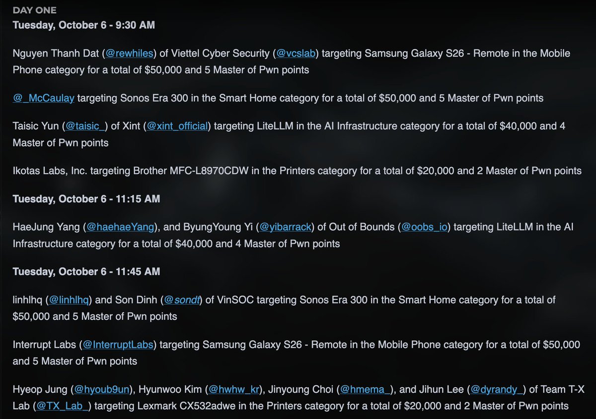 thezdi's tweet photo. Here's what's on tap for the beginning of #Pwn2Own Ireland https://t.co/IAVAmFNpaH