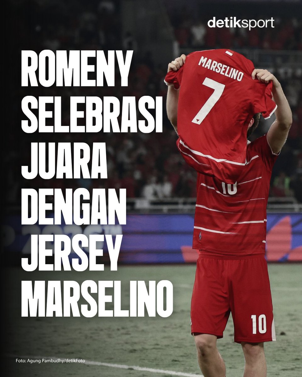 detiksport's tweet photo. Para pemain bergembira usai Indonesia menjuarai FIFA ASEAN Cup 2026, tak terkecuali Ole Romeny! 🏆🇮🇩

Penyerang Garuda itu bahkan mempersembahkan momen juara ini secara spesial untuk Marselino Ferdinan 🥹

Siapa yang kangen Marceng, detikers? 🙌🏼

#TimnasIndonesia #OleRomeny #MarselinoFerdinan #detiksport