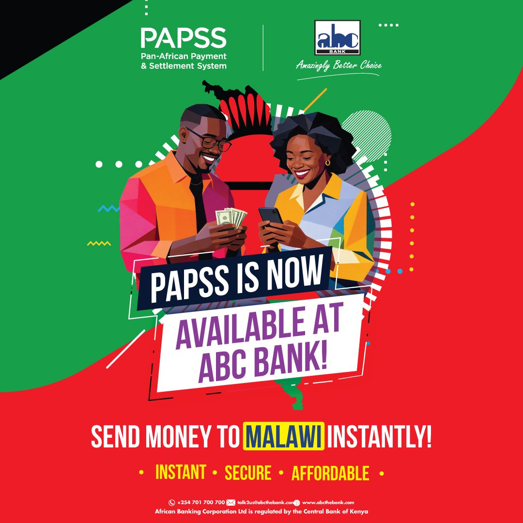 ABCBankGroup's tweet photo. 🌍 Your business may be in Kenya, but your next opportunity doesn't have to be.

🤝 Maybe it's a supplier or customer in Malawi.

💸 PAPSS makes it easier for you to send and receive payments across participating African countries.

🌍 Visit your nearest ABC bank today, to enjoy affordable, instant and secure PAPSS transfer service.

#AfricanPayments
#PAPSS 
#AfricanBusiness 
#AmazinglyBetterChoice