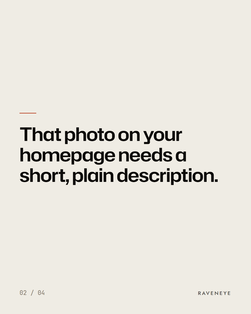 Raveneyeglobal's tweet photo. An AI assistant doesn't see your work. It reads about it.
That photo on your homepage needs a short, plain description.
WebAIM's February study of the top million home pages found an average of 10.8 images per page had missing alt text.
A blank space, to the machine.
#altText https://t.co/WIoNmyjLKQ