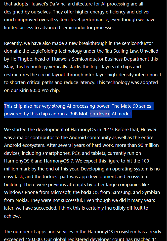 LivingInHarmony's tweet photo. This chip also has very strong AI processing power. The Mate 90 series powered by this chip can run a 30B MoE on-device AI model.
#Huawei #Mate90series #HarmonyOS #TausLaw #LogicFolding #Kirin9050Pro #Mate90ProMax
https://t.co/Lw01Uf39Yq https://t.co/eGx2gYNQek