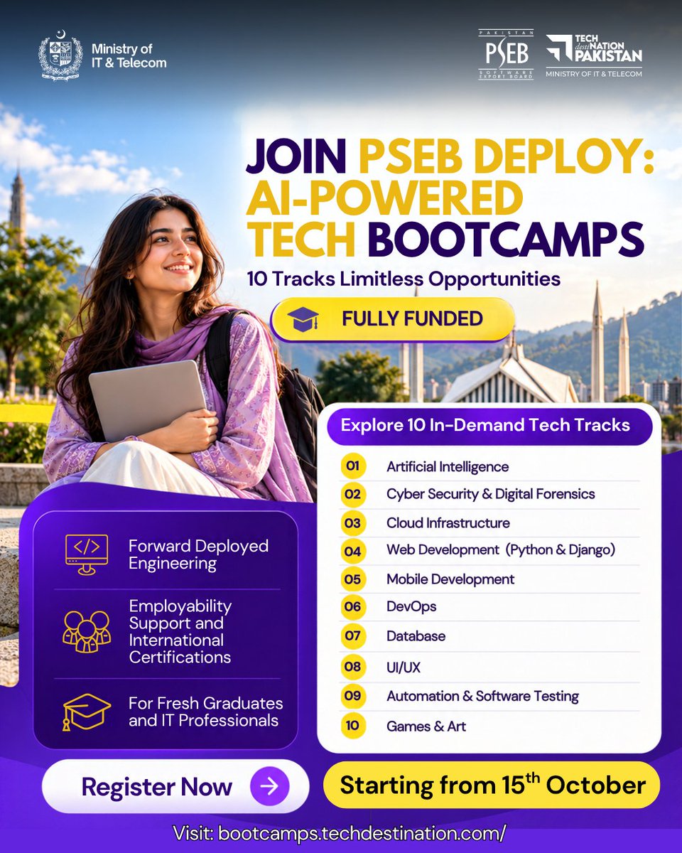 atomcamp's tweet photo. We are introducing PSEB DEPLOY: AI-Powered Tech Bootcamps, to bridge the gap between academic IT foundations and the practical demands of the global tech industry.

Through 300 hours of hands-on learning, participants work through real-world scenarios, complete capstone labs, prepare for international certifications, and undergo training in Forward Deployed Engineering (FDE), a framework focused on translating complex client needs into working technology. Program delivery is structured across specialized training organizations, with atomcamp leading the AI and Cybersecurity bootcamps.

Specialized Learning Tracks:
1. Web Development
2. Cloud Infrastructure
3. Artificial Intelligence
4. Cyber Security
5. Automation & Software Testing
6. Mobile Development
7. DevOps
8. Database
9. UI/UX
10. Games & Art

What the program provides:
- 100% Fully Funded
- Integrated AI Skills & Hands-On Labs
- Career Support for Jobs, Freelancing & Startups

It’s open to fresh IT graduates, registered freelancers, and employees at PSEB or P@SHA member companies.

Read full details and submit your application here: https://t.co/76CivRxc06