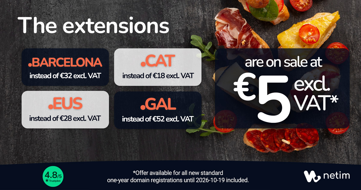 Netim_com's tweet photo. 🏷️⏳ Last days on sale!

Heading to Catalonia, Galicia or the Basque Country? Celebrate Spanish culture by registering your .BARCELONA, .CAT, .EUS or .GAL #DomainName 🇪🇸

📧 1 email address included

👇 Check availability
🔸 .BARCELONA:
https://t.co/uiaZDRyu9z

🔸 .CAT:
https://t.co/s97NitF9nc

🔸 .EUS:
https://t.co/oTxMw6tnym

🔸 .GAL:
https://t.co/PK7ol28IPT

#VivaEspana #Spain #Galicia #Catalonia #BasqueCountry