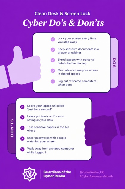 CyberRealm_HQ's tweet photo. Security isn't just what happens on your screen.
Do's and don'ts for keeping your workspace secure, at home, at the office, or anywhere in between.
Day 6, #CyberAwarenessMonth
@ireteeh @cyberjeremiah https://t.co/wZL3aSzinv