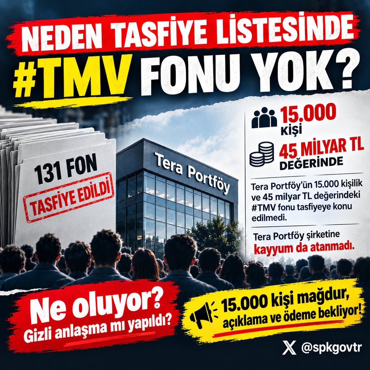 FighterVipeRR's tweet photo. NEDEN TASFİYE  LİSTESİNDE #TMV FONU YOK?

Tera Portföyün 15.000 kişilik ve 45 milyar TL değerindeki #TMV fonu tasfiyeye konu edilmedi. 
Tera Portföy şirketine kayyum da atanmadı.

Ne oluyor? Gizli anlaşma mı yapıldı?

15.000 kişi mağdur, açıklama ve ödeme bekliyor!

@spkgovtr https://t.co/GDeKfINQVw