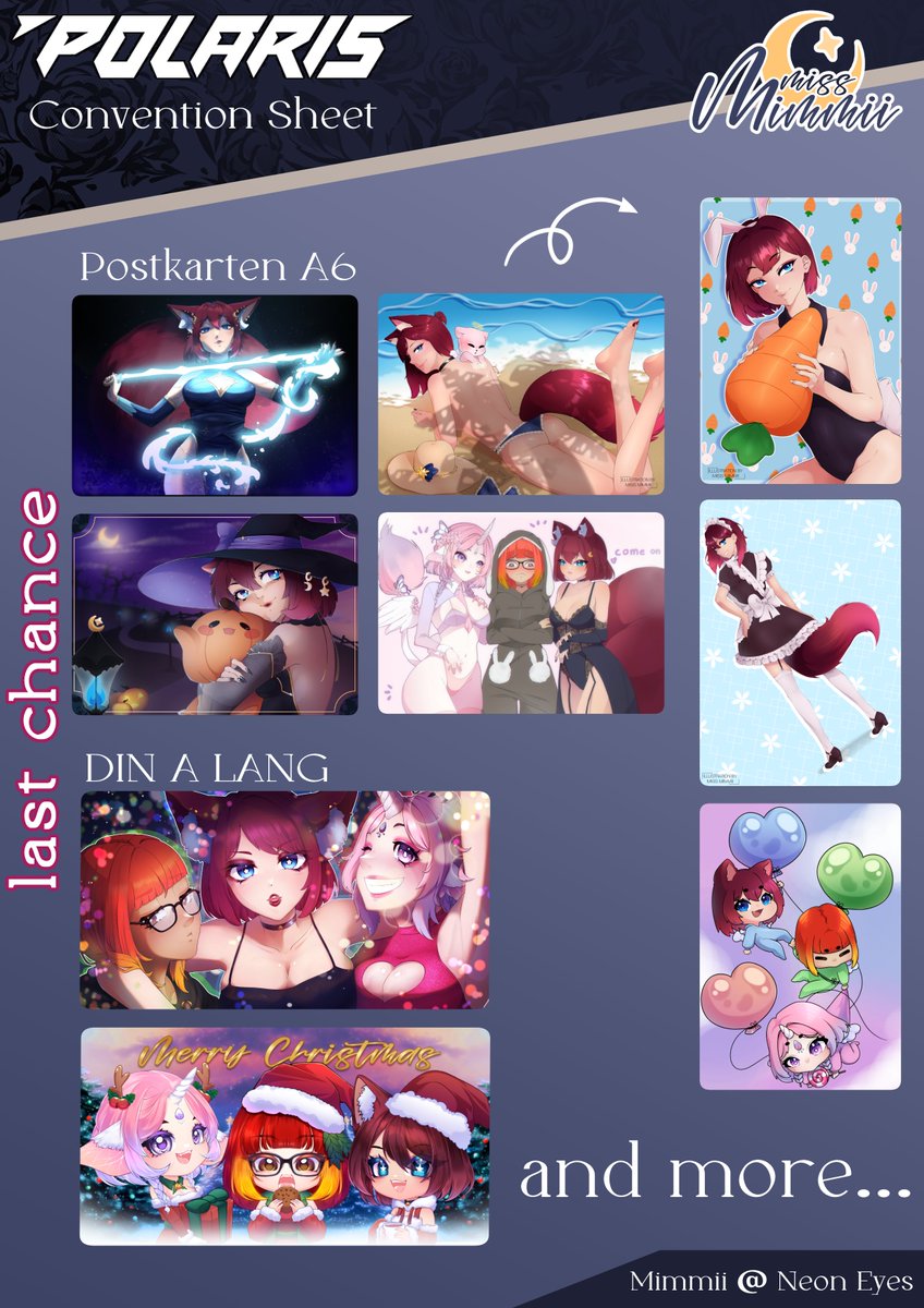 MissMimmii's tweet photo. Am Wochenende ist es endlich soweit! Die Polaris geht am Freitag los und ich bin schon richtig hyped🫣
Diesen wundervollen Merch könnt ihr ab Freitag auf der Polaris am Stand Halle B5/S139 von @NeonEyesDotNet ergattern! 
Außerdem gibt es Sammelkarten, welche ihr sammeln könnt! https://t.co/9oNnMAHTNC