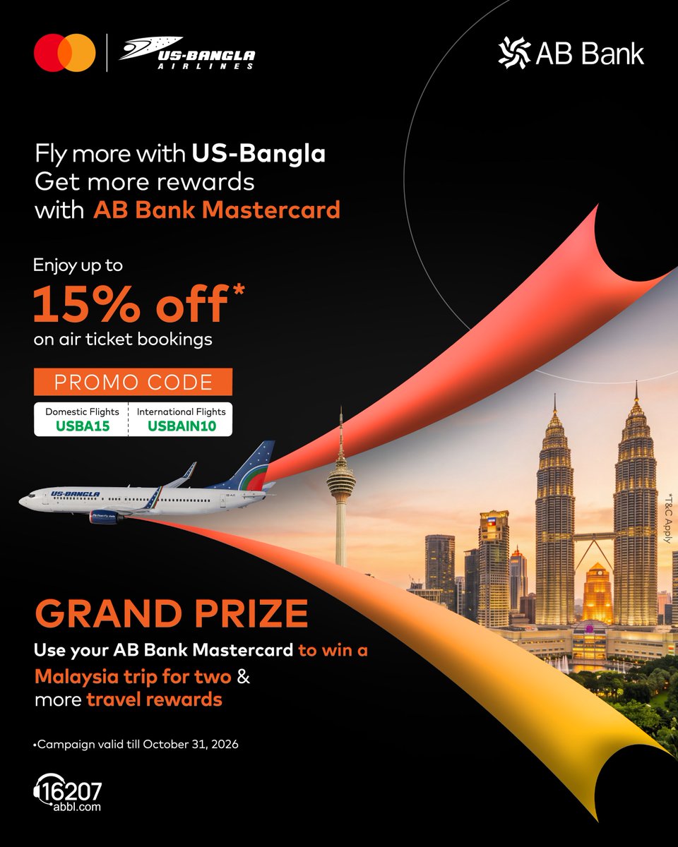 abbankplc's tweet photo. Fly more, earn more, and travel smarter ✨
Enjoy attractive discounts on air tickets with your AB Bank Mastercard and unlock exciting travel rewards.
Your next journey starts here.
#ABBank #Mastercard #USBanglaAirlines #TravelMore #FlySmart #TravelDeals
#AirTicketOffer https://t.co/3nY4WH9QiR